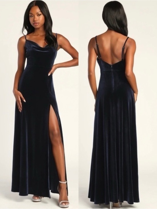 Lulus Dresses & Skirts - NWT Lulu’s Elegant Luxury Navy Blue Velvet Cowl Neck Maxi Dress Large Romantic